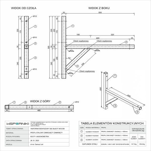 Rysunek techniczny - wspornik stalowy o długości ramienia 50 cm